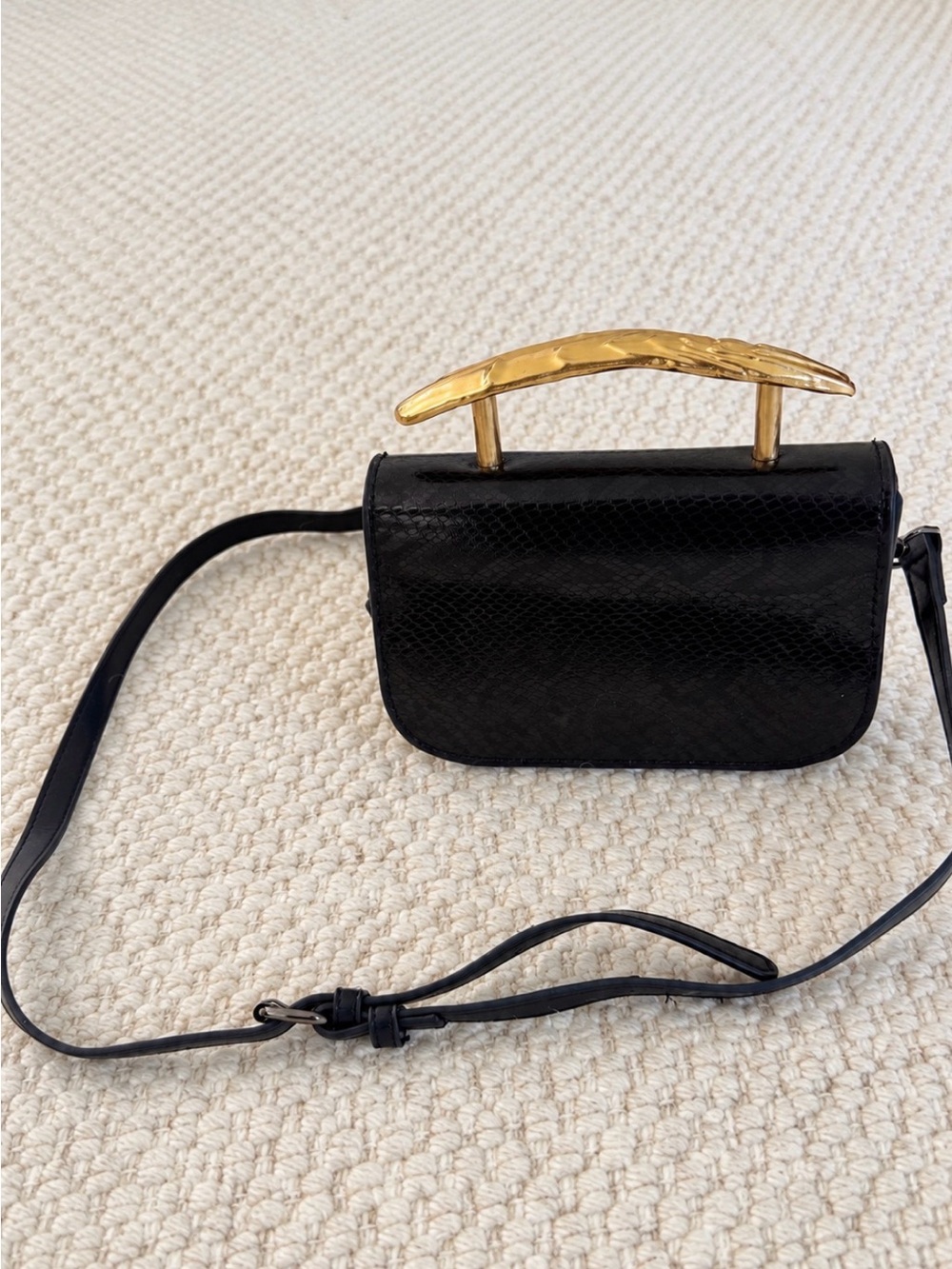 ZARA Black Embossed Mini Bag Gold Metal Handle Crossbody Purse